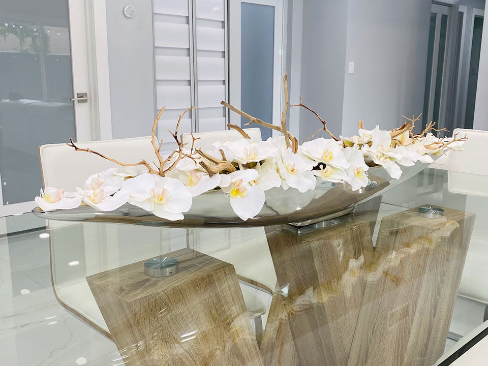 Amadea White Orchid in Silver Boat Vase