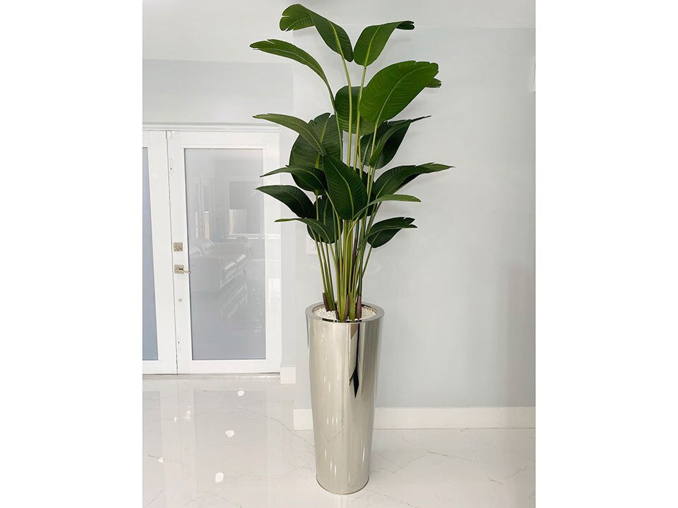 Loana Leaf Birds of Paradise in Round Silver Vase