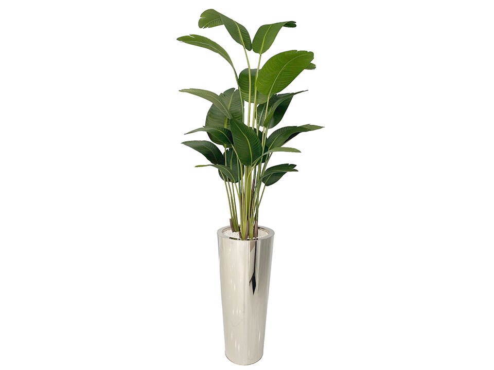 Loana Leaf Birds of Paradise in Round Silver Vase